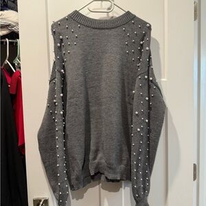 Gray Pearl-Embellished Sweater